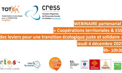 L'enregistrement du webinaire partenarial du Réseau TOTEn & de la CRESS « Coopérations territoriales & ESS, des leviers pour une transition écologique juste et solidaire », du jeudi 04 décembre 2025, de 09h à 10h30 est en ligne