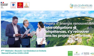 L'enregistrement du webinaire - boussole #4 du 30 avril 2025 "Projets d'énergie renouvelable : Entre obligations et compétences, s'y retrouver dans les projets d'ombrières !" est disponible